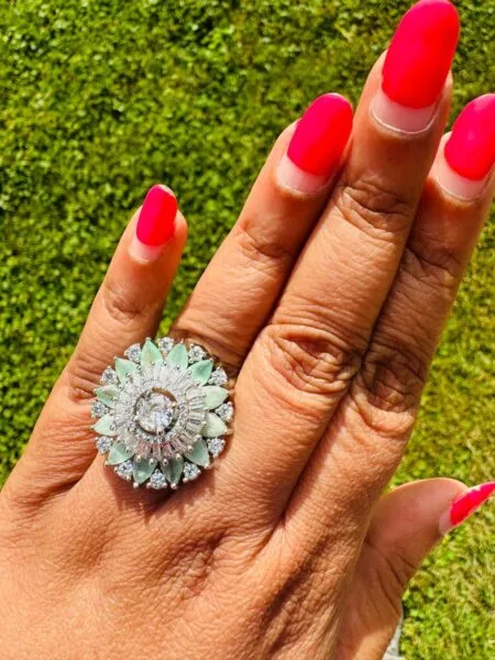 Mint Green American Diamond Floral Statement Ring – Luxury Adjustable Party Ring for Women