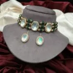 Carat plated kundan chocker with green beads