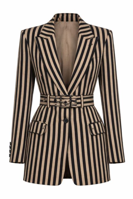 Designer Belted Vertical Stripe Blazer