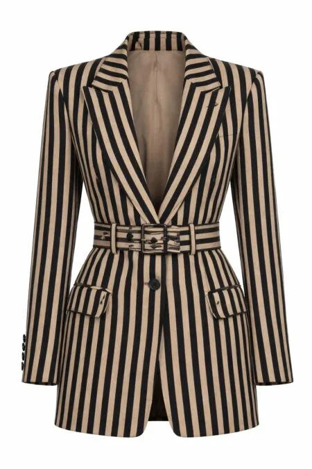 Designer Belted Vertical Stripe Blazer