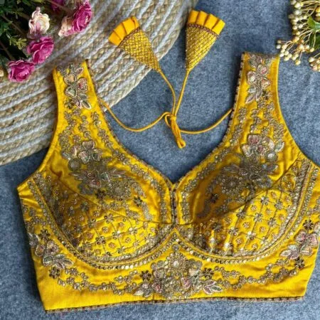Yellow bridal saree blouse embroidered silk designer blouse with sweetheart neckline