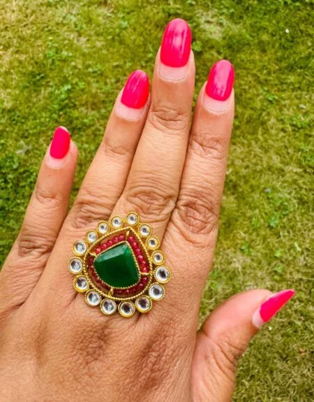 Emerald Green Kundan Statement Ring – Traditional Gold Finish Adjustable Ring for Women