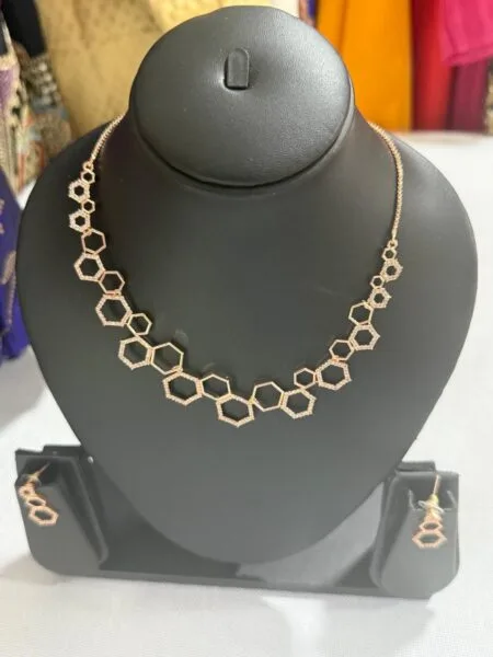 Copper based Geometric Necklace Set – Modern American Diamond Necklace with Earrings