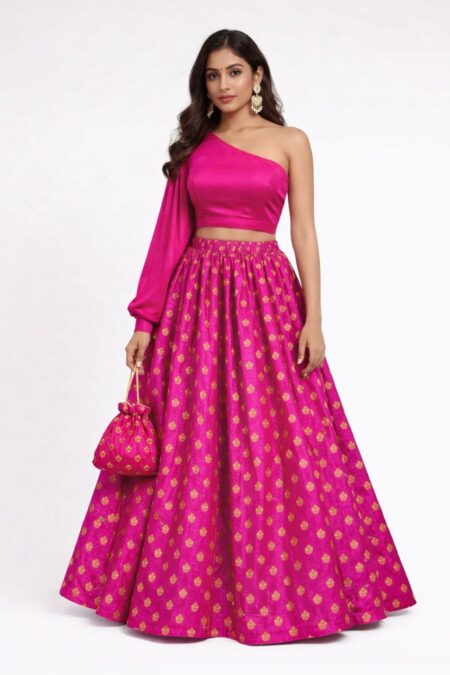 Designer Rani Pink One-Shoulder Lehenga Set | Luxury Indo-Western Occasion Wear