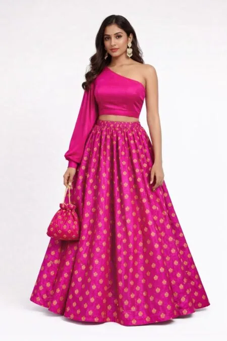 Designer Rani Pink One-Shoulder Lehenga Set | Luxury Indo-Western Occasion Wear