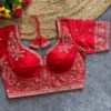 Red embroidered designer saree blouse bridal style padded blouse with gold detailing
