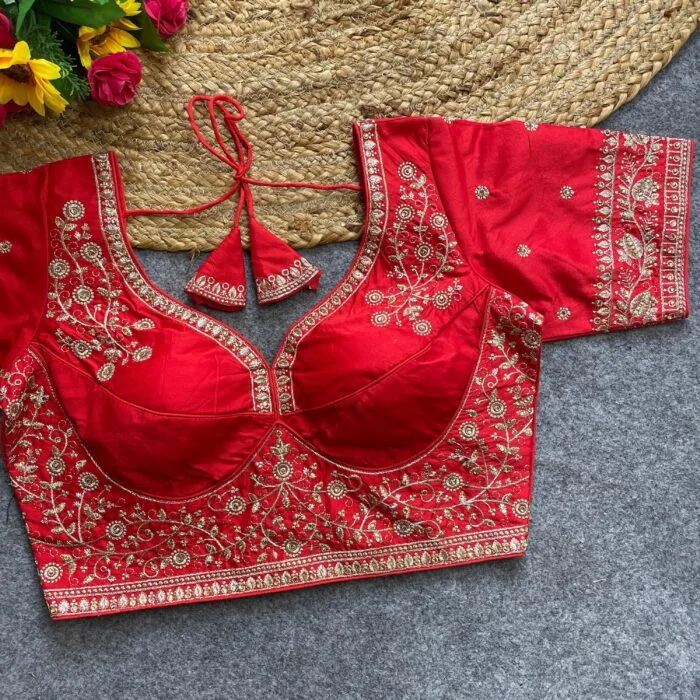 Red embroidered designer saree blouse bridal style padded blouse with gold detailing