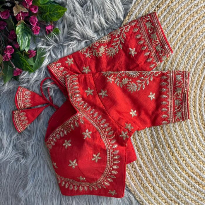 Red bridal saree blouse zardosi embroidery elbow sleeve silk designer blouse