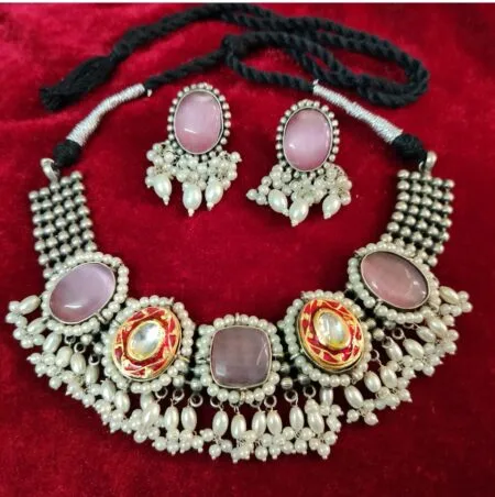Pink Stone Pearl Oxidized Jewellery Set – Traditional Vintage Necklace & Earrings Set for Women