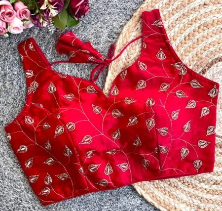 Red readymade saree blouse sleeveless embroidered designer ready to wear blouse