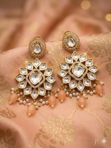Carat plated Kundan earrings with orange/ peach beads