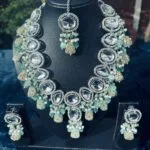 Silver Kundan and mint green beaded necklace set with Maang tikka
