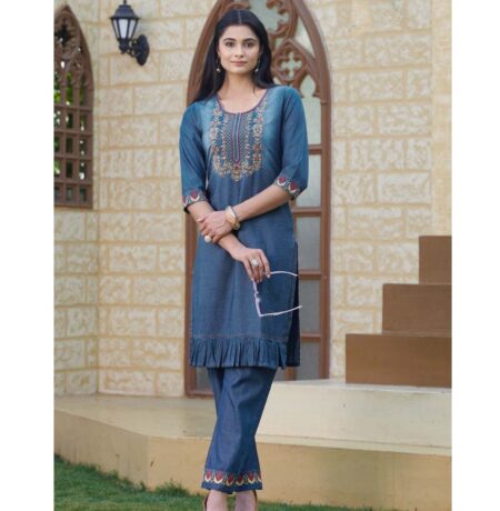Cotton denim embroidered coord set | Kurti pant set