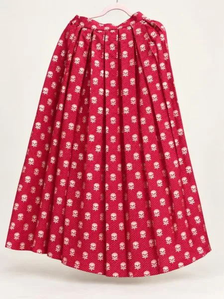 Red Brocade box pleated skirt