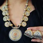 Designer Dual-Tone Oxidized Coin Mala Set | Luxury Temple-Inspired Long Necklace