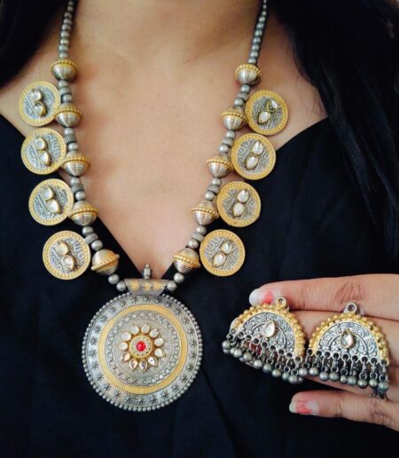 Designer Dual-Tone Oxidized Coin Mala Set | Luxury Temple-Inspired Long Necklace