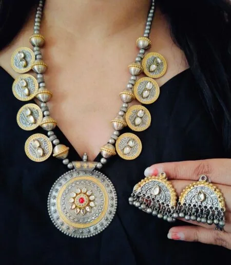 Designer Dual-Tone Oxidized Coin Mala Set | Luxury Temple-Inspired Long Necklace