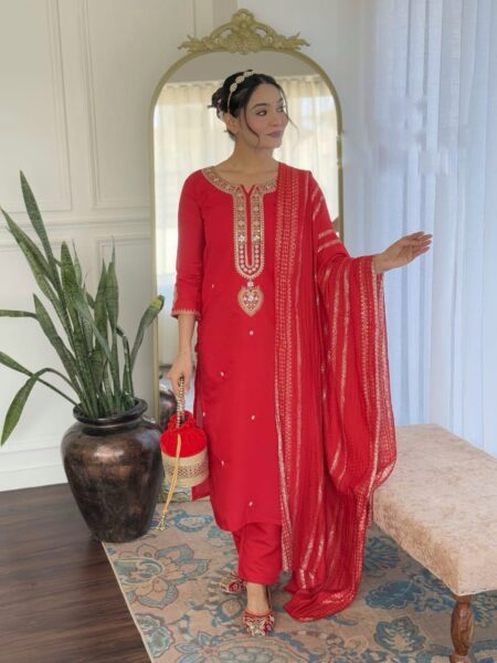 Viscose chanderi red top, pant and dupatta set