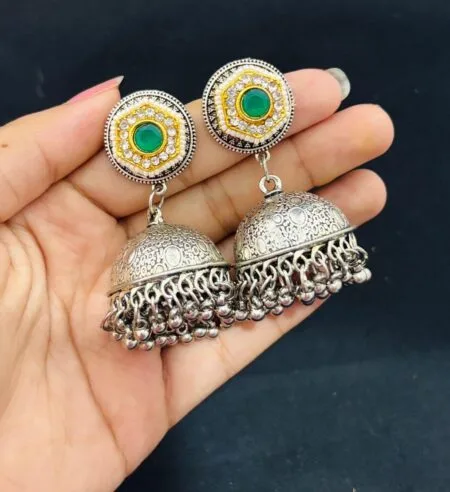 Oxidised Silver Jhumka Earrings with Green Stone Kundan Stud – Traditional Dome Drop Earrings for Ethnic & Festive Wear