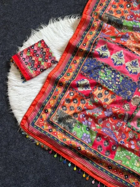Roman silk Ajrakh  printed saree with mirror work