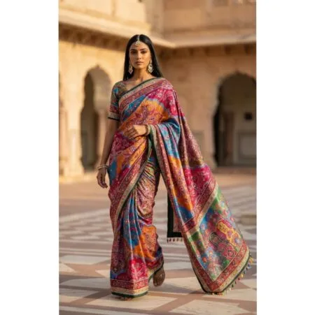 Roman silk Ajrakh  printed saree with mirror work