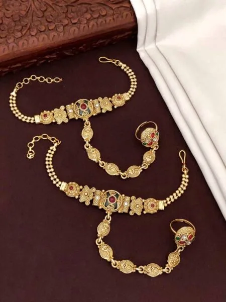 Designer Antique Gold Haath Phool | Traditional Bridal Haath Panja with Hand-Carved Ring