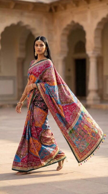 Roman Silk with ajarakh Print saree and Real Mirror work