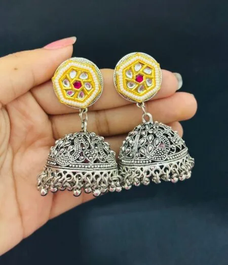 Designer Dual-Tone Oxidized Jhumkas | Luxury Meenakari & Kundan Earrings