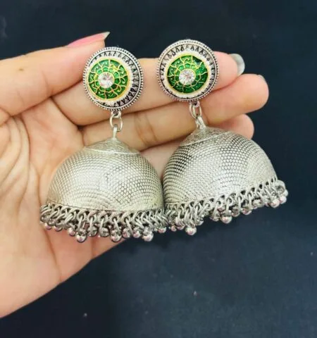 Oxidised Silver Jhumka Earrings with Green Meenakari Stud – Traditional Dome Drop Earrings for Ethnic & Festive Wear