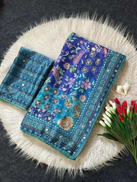 Roman silk Ajrakh  printed saree with mirror work