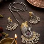 Designer Lord Ganesha Oxidized Necklace Set | Dual-Tone Temple Jewelry with Pearl Accents