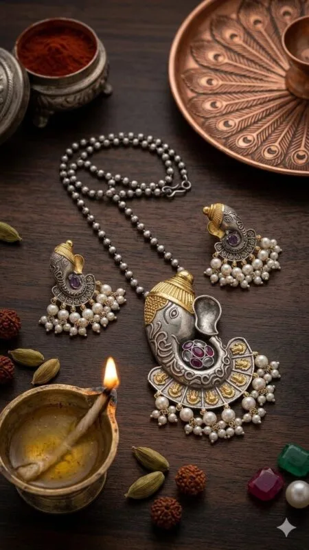 Designer Lord Ganesha Oxidized Necklace Set | Dual-Tone Temple Jewelry with Pearl Accents