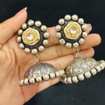 Oxidised Silver Statement Jhumka Earrings with Kundan Stud – Traditional Boho Dome Earrings for Ethnic & Festive Wear