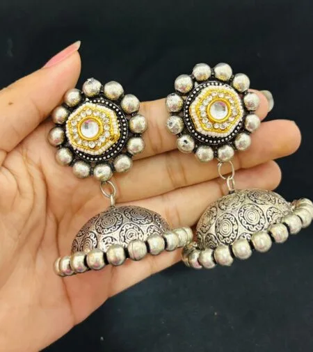 Oxidised Silver Statement Jhumka Earrings with Kundan Stud – Traditional Boho Dome Earrings for Ethnic & Festive Wear