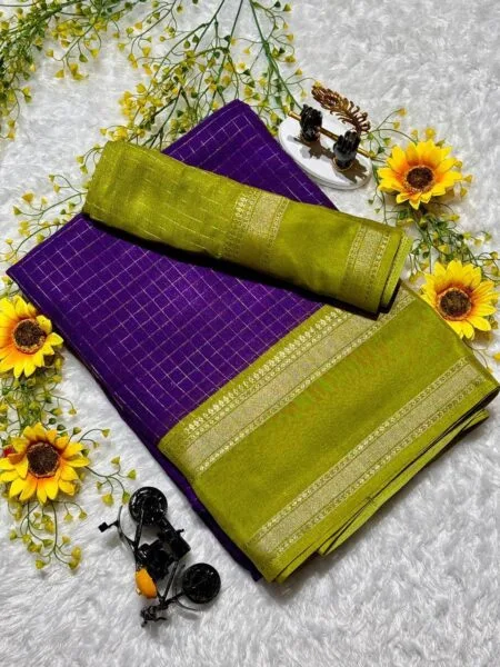 Mysore silk crepe saree with checked zari