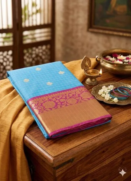 Blue and pink Mysore silk crepe saree