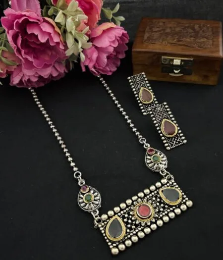 Oxidised Silver Statement Necklace Set with Multicolor Stones & Earrings