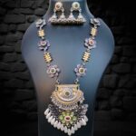 Dual tone Oxidised Silver Floral Necklace Set with Pearl Drops