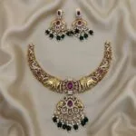 Antique Gold Elephant Necklace Set with red stone & Green Beads  | Traditional Temple Jewelry Set with Earrings