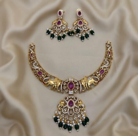Antique Gold Elephant Necklace Set with red stone & Green Beads  | Traditional Temple Jewelry Set with Earrings