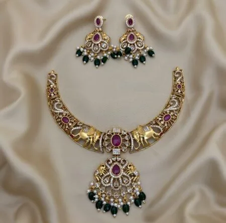 Antique Gold Elephant Necklace Set with red stone & Green Beads  | Traditional Temple Jewelry Set with Earrings