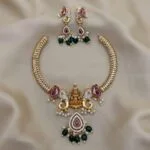 Antique Gold Elephant Necklace Set with red stone & Green Beads  | Traditional Temple Jewelry Set with Earrings