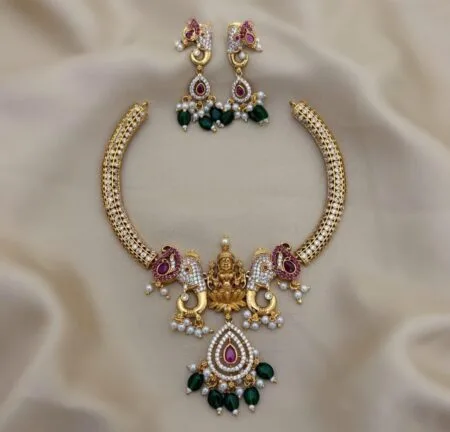 Antique Gold Elephant Necklace Set with red stone & Green Beads  | Traditional Temple Jewelry Set with Earrings