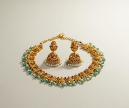 Antique Gold Temple Lakshmi Necklace Set with Jhumka Earrings – Traditional South Indian Jewellery with Pink & Mint Beads