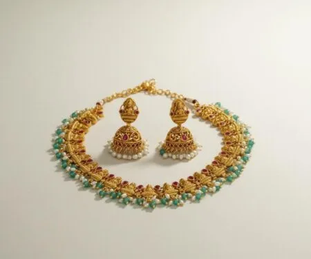 Antique Gold Temple Lakshmi Necklace Set with Jhumka Earrings – Traditional South Indian Jewellery with Pink & Mint Beads
