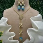 Designer Kundan & Meenakari Long Drop Necklace Set | Luxury Turquoise & Pearl Boutique Jewelry