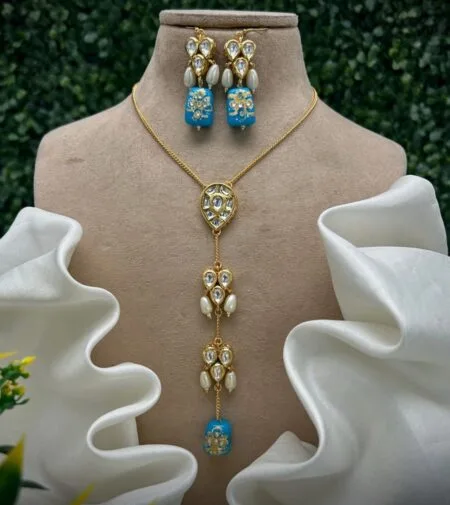 Designer Kundan & Meenakari Long Drop Necklace Set | Luxury Turquoise & Pearl Boutique Jewelry