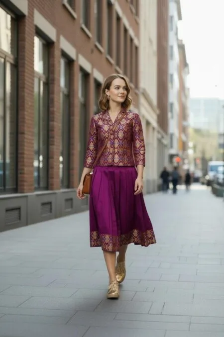 Banarasi brocade full sleeve top with silk cotton skirt