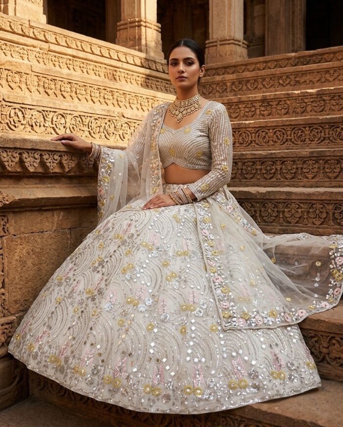 Ivory real mirror work lehenga with sequins embroidery designer lehenga UK