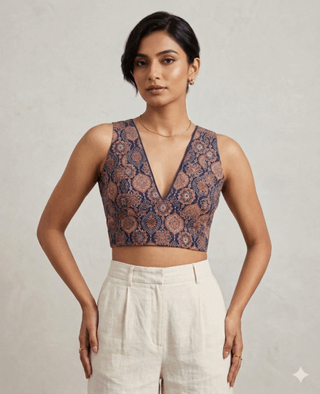 Ajrakh printed cotton V Neckline readymade blouse